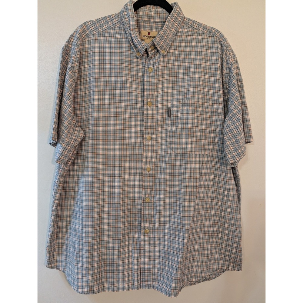 Woolrich Mens XXL Short Sleeve‎ Button Down Shirt Blue Orange Plaid Casual